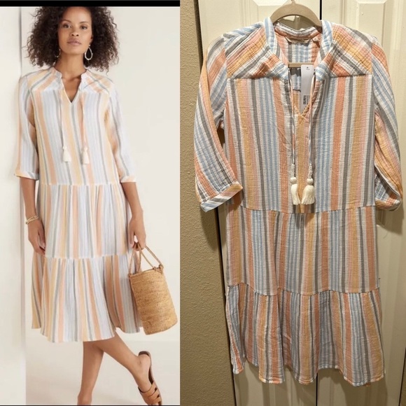 NWT Soft Surroundings Laguna Gauze Dress Peach Stripe Boho Lagenlook Beachy,SP - Picture 1 of 15